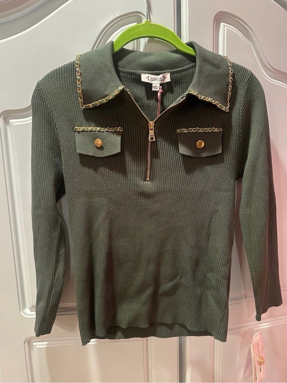 Nanette Lepore Olive Green Ribbed Zip Jacket with Gold Chain Trim